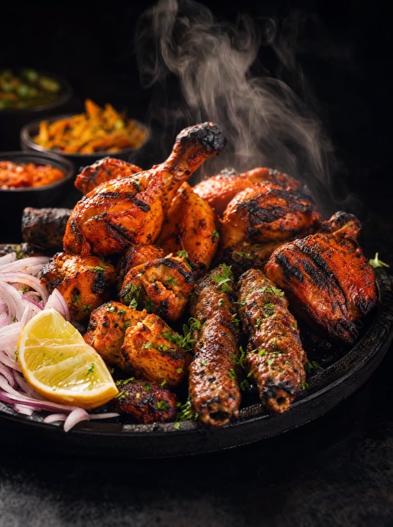 Mixed tandoori platter, served sizzling